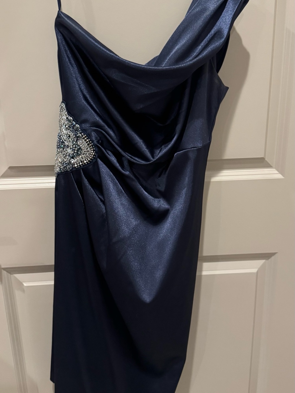 Eliza J Navy Satin One-Shoulder Evening Dress with Beaded Side Detail